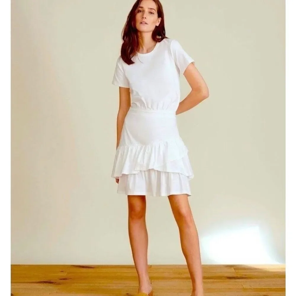 Veronica Beard White Mixed Media T-Shirt Ruffle Dress Small Asymmetrical Casual - Picture 2 of 8
